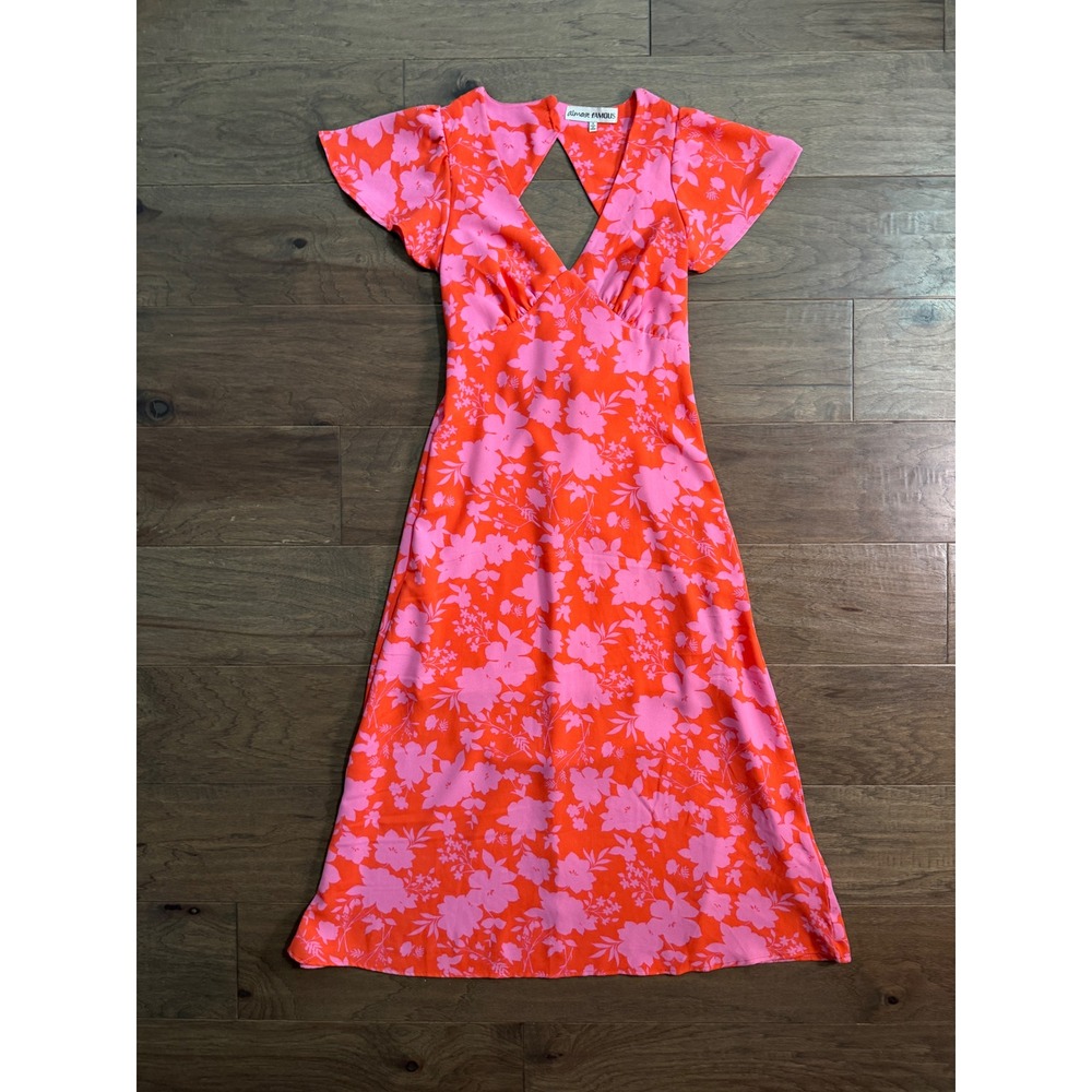 Almost Famous Orange‎ Pink Floral Flutter Sleeve Cutout Back Midi Dress Small